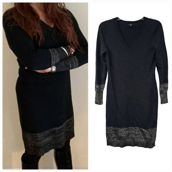 Ann Taylor Petite Wool Blend V-Neck Sweater Dress Black Gold Shimmer Winter Knit - Picture 2 of 12